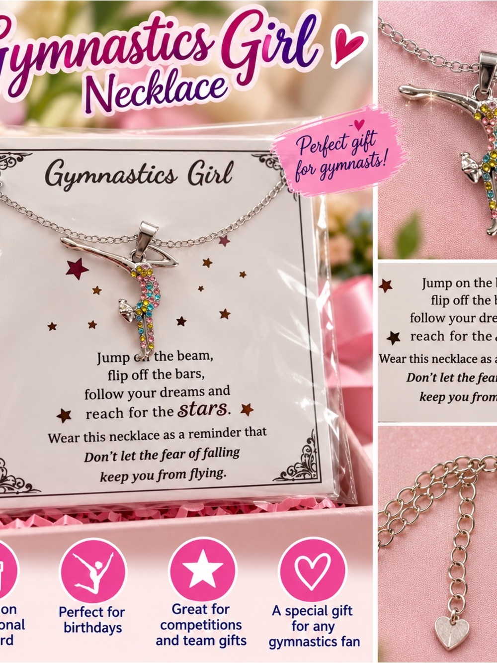 Gymnastics Girl Rhinestone Necklace + Inspirational Gift Card